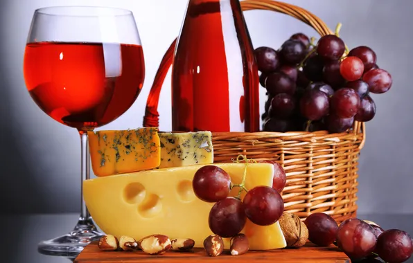 Wine, basket, cheese, grapes, nuts