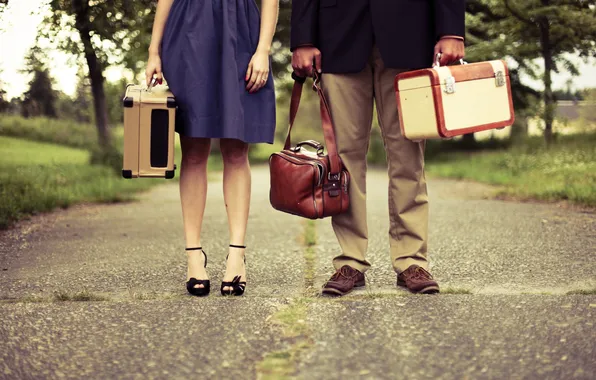 Road, people, bags, different, suitcases