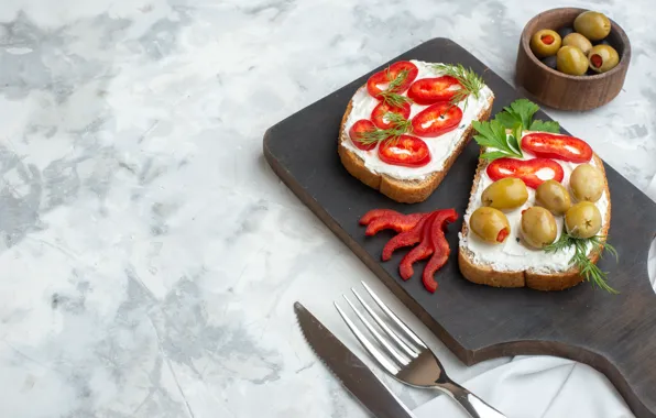 Bread, pepper, olives, sandwiches, Bulgarian