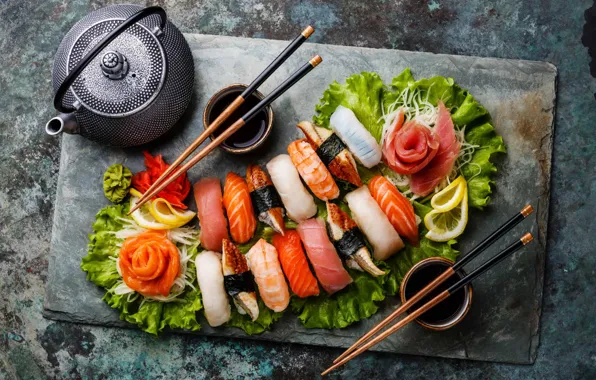Tea, fish, sticks, figure, sauce, sashimi
