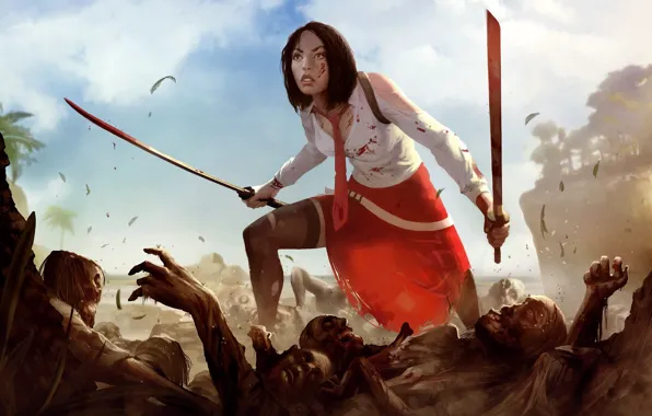 Girl, blood, figure, sword, katana, battle, art, zombies
