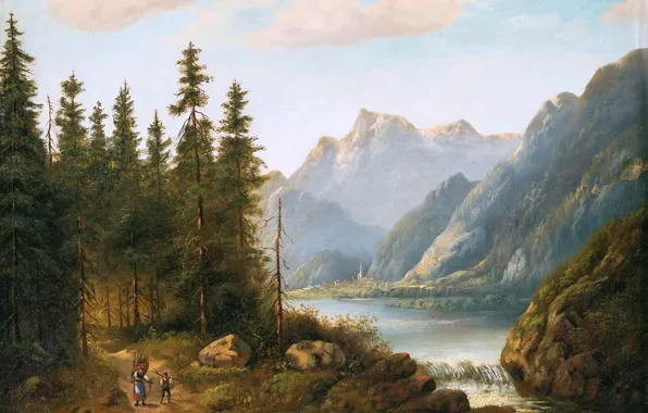 Mountains, Trees, River, People, Picture, Austrian landscape painter, Edward Boehm, Eduard Boehm
