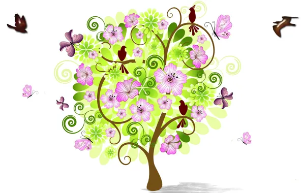 Flowers, birds, tree, collage, spring
