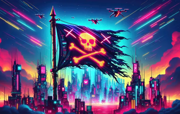 Picture city, pirate, flag, scifi