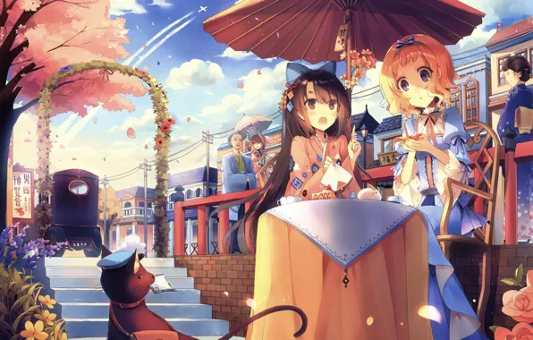 Street, People, Umbrella, Anime, Girls