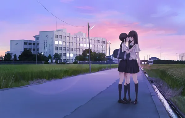 Picture road, sunset, the city, girls, kiss, the evening, art, form