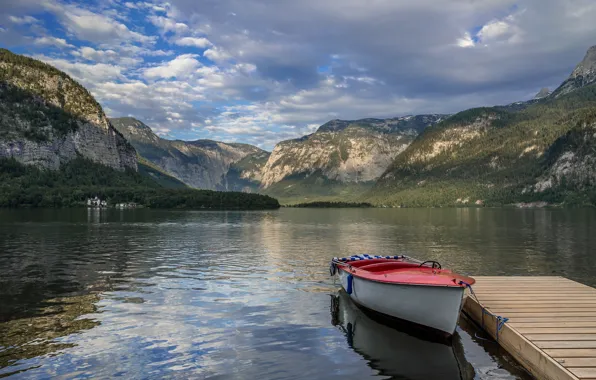 Forest, clouds, mountains, lake, rocks, shore, boat, Austria