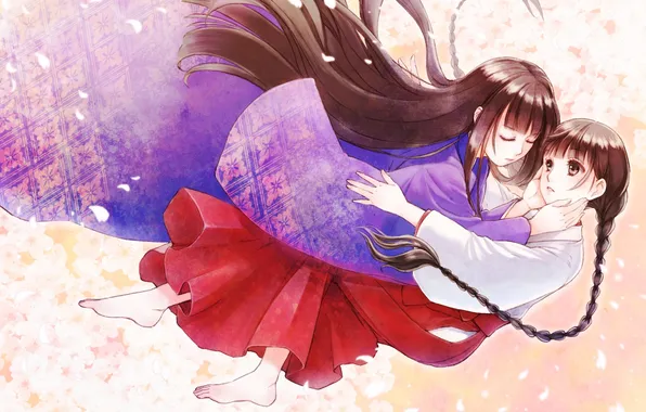 Girl, anime, petals, drop, art, hugs, braids, kimono