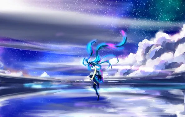 Picture the sky, water, girl, stars, clouds, art, vocaloid, hatsune miku