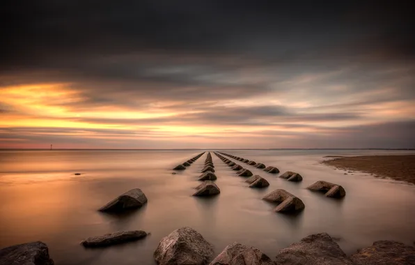 Sea, the sky, clouds, stones, the evening, tide
