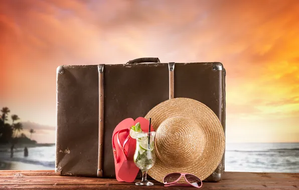 Sunset, hat, suitcase, summer, beach, vacation, travel