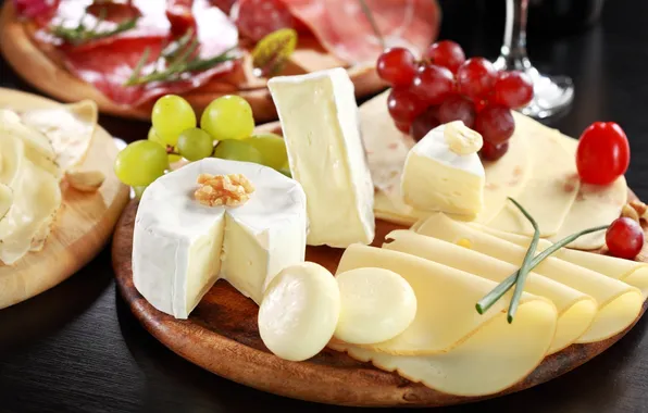 Picture table, cheese, grapes, dish, Camembert, mozzarella