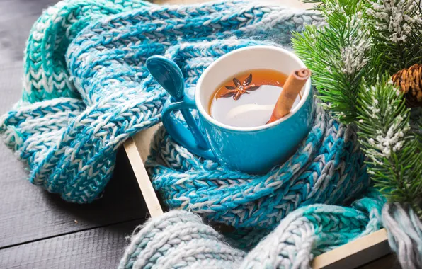 Branches, tea, Board, scarf, Christmas, spoon, mug, Cup