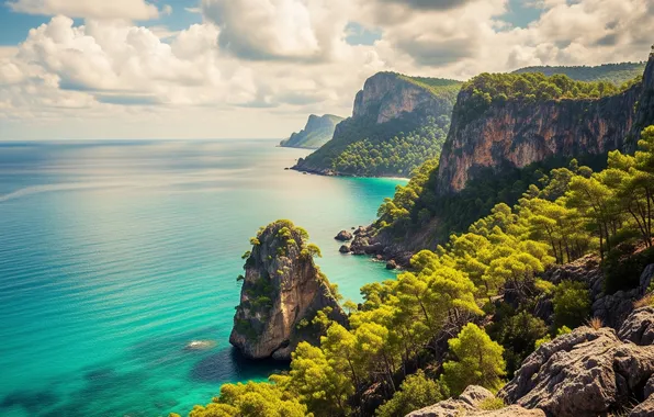 The sky, water, clouds, trees, rocks, Wallpaper, shore, wallpaper