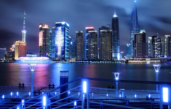 Night, the city, lights, river, China, skyscrapers, China, Shanghai