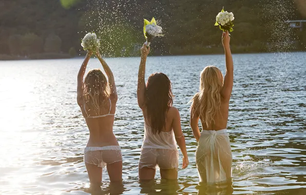 The sun, flowers, squirt, river, girls, group, figure, wet