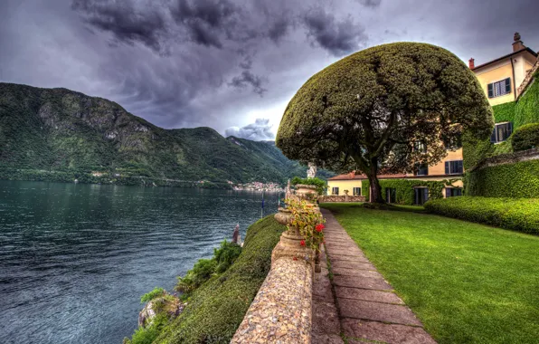 Clouds, mountains, design, lake, house, tree, lawn, HDR