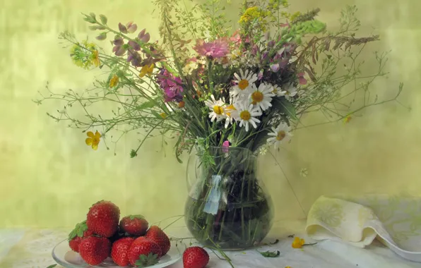 Summer, berries, chamomile, bouquet, strawberry, pitcher, still life, cornflower