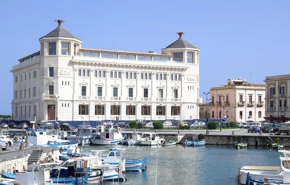 Strait, home, boats, Italy, Sicily, Siracusa