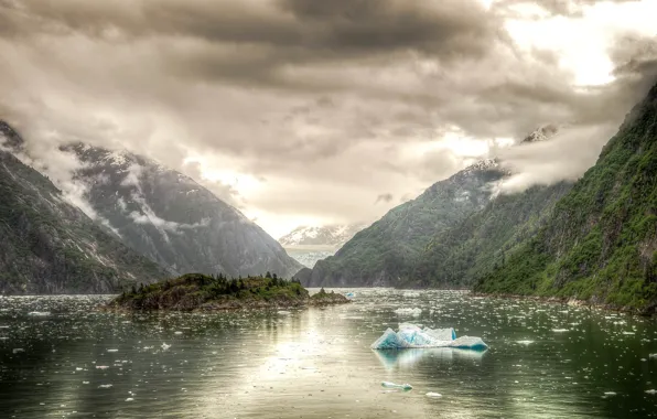 Water, mountains, ice, ate, Alaska, USA, the fjord, Tracy-Arm