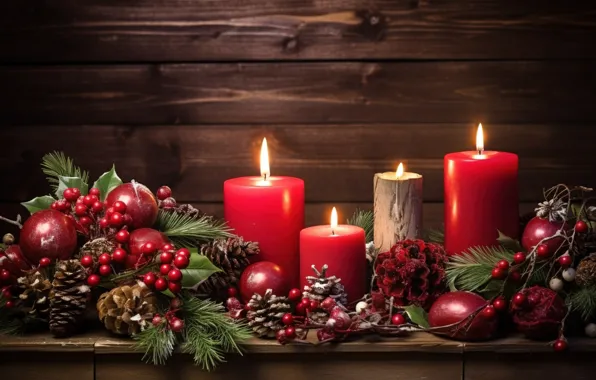 Decoration, balls, candles, New Year, Christmas, red, new year, Christmas