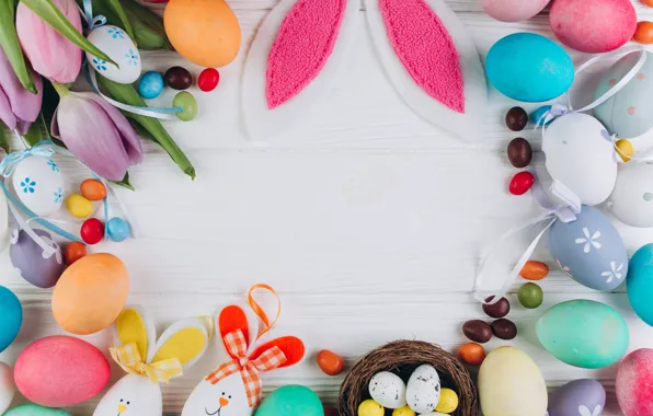 Picture flowers, eggs, colorful, Easter, tulips, wood, pink, flowers