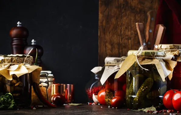 Glass, the dark background, wall, mushrooms, knife, banks, vegetables, tomatoes