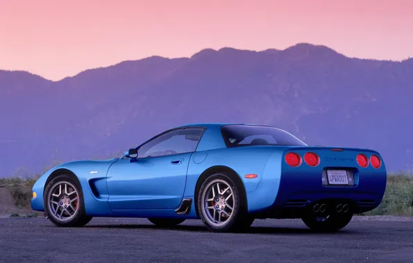 Blue, Z06, Corvette, Chevrolet, Chevrolet, supercar, rear view, mountains.the sky