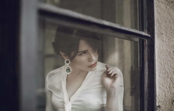 Girl, earrings, brunette, window