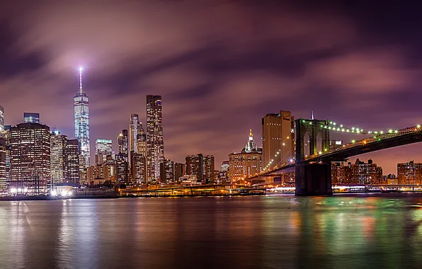 New York, panorama, Brooklyn bridge, night city, Manhattan, Manhattan, New York City, Brooklyn Bridge