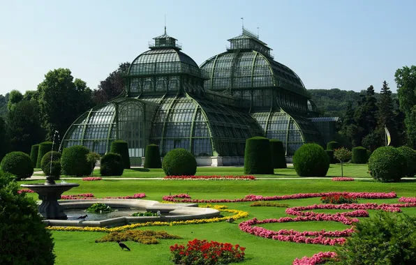 Flowers, house, Park, Austria, garden, fountain, flowerbed, Palace