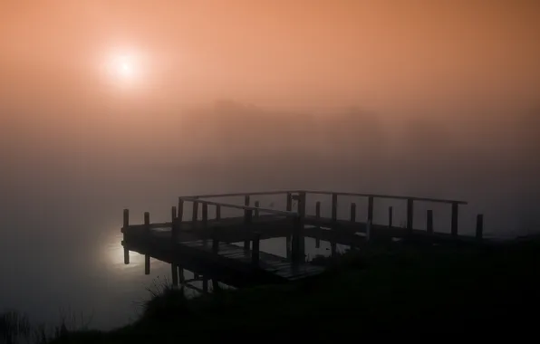 The sun, trees, fog, lake, dawn, shore, morning, Scotland