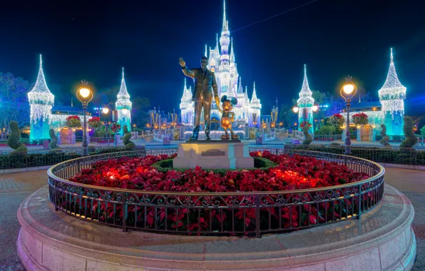 Flowers, Night, Castle, Park, Sculpture, Disneyland, Night lights