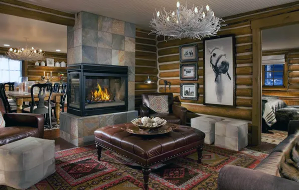 Style, home, interior, fireplace, living room, dining room, living space