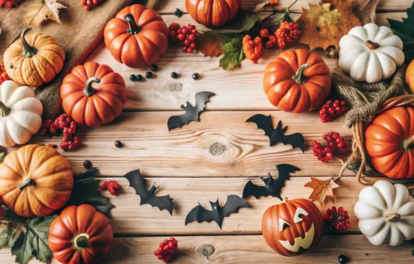 Autumn, leaves, berries, holiday, Board, pumpkin, Halloween, Halloween