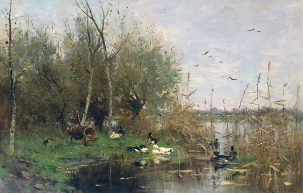 Birds, oil, picture, canvas, Lake with Ducks and Duck Basket, George Jan Hendrik Roggenbuck, George …