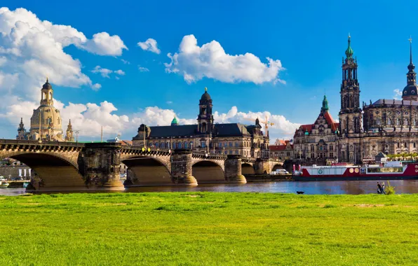 Greens, the sky, grass, the sun, clouds, bridge, river, building