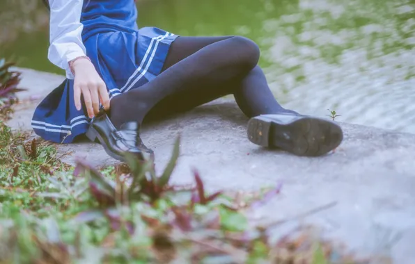 Legs, Model, Water, Woman, Lake, Shoe, Skirt, Uniform