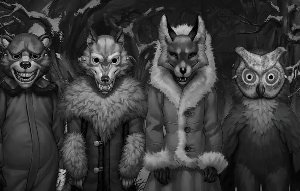 Art, wolves, mask, black and white