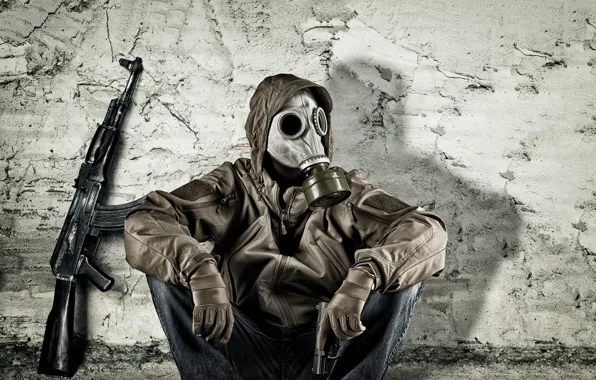 Gun, wall, clothing, gas mask, male, sitting, Kalash