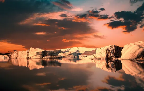 The sky, clouds, landscape, mountains, lake, rendering, digital art