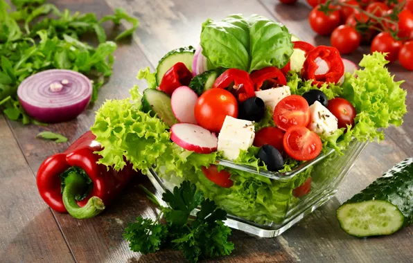 Pepper, vegetables, tomato, salad, radishes, cheese