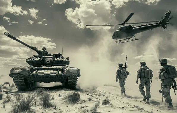 Sand, Dust, Helicopter, Soldiers, Tank, Digital art, Black and white, AI art