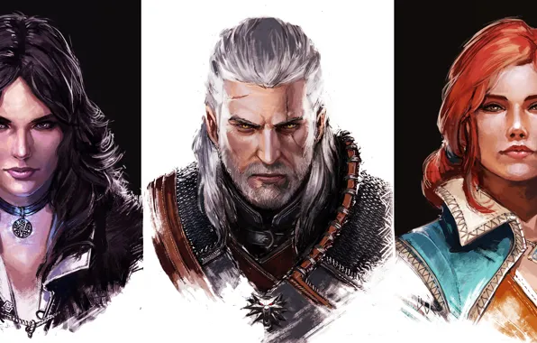 Look, girls, medallion, beard, scar, Triss Merigold, Geralt of Rivia, The Witcher 3: Wild Hunt
