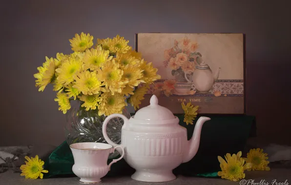 Flowers, style, picture, kettle, Cup, still life, chrysanthemum, yellow