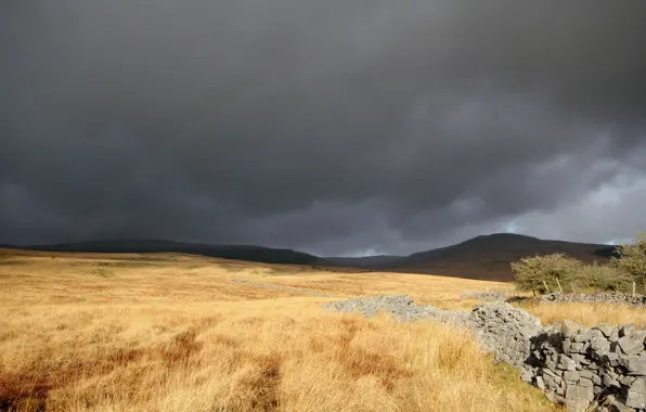 Picture field, grass, clouds, stones, rainbow, masonry, dry