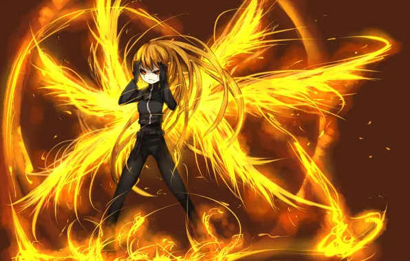 Picture girl, fire, wings, anime, mask, art, shirogane usagi