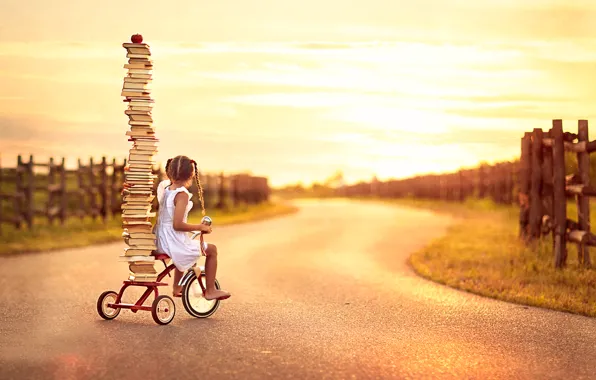 Picture bike, books, girl, Back To School