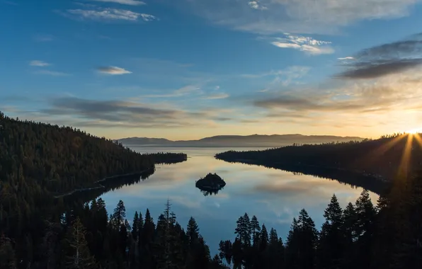 Forest, mountains, sunrise, morning, Lake Tahoe, lake Tahoe