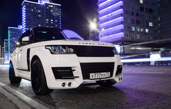 White, land rover, lumma, night, russia, moscow, tunning, range rover